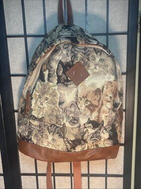 Brown & Multicolor Cat Print Tapestry Backpack